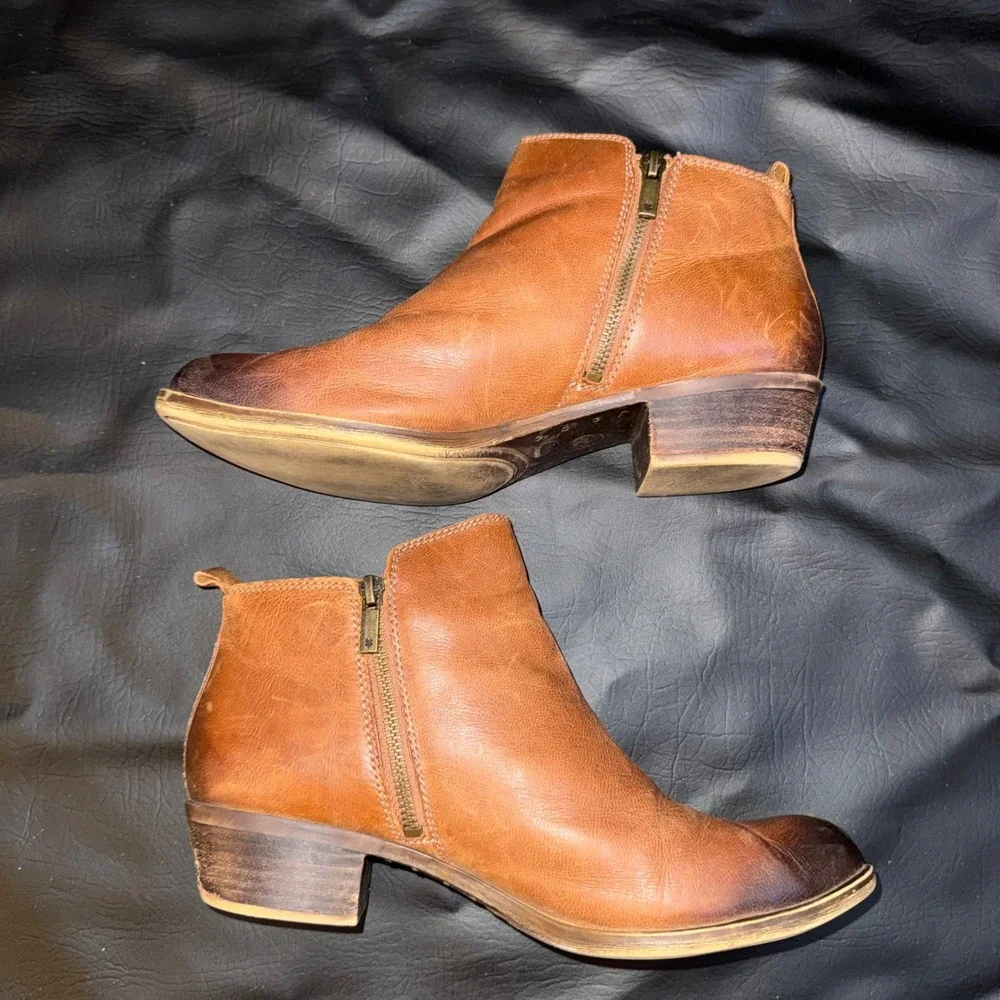 Lucky Brand Basel Cognac Brown Leather Ankle Booties Dual Zip Woman's 11M/41